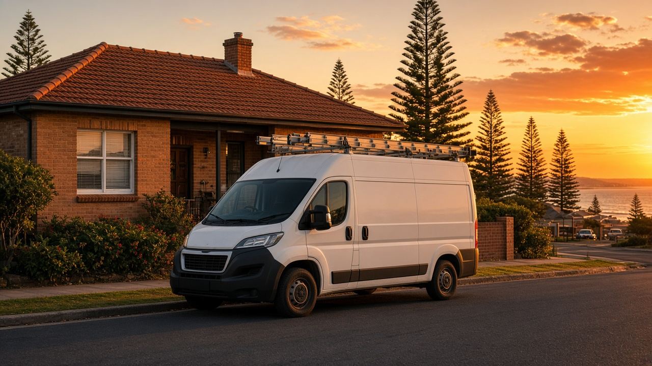 Plain white van parked outside a brick home at sunset