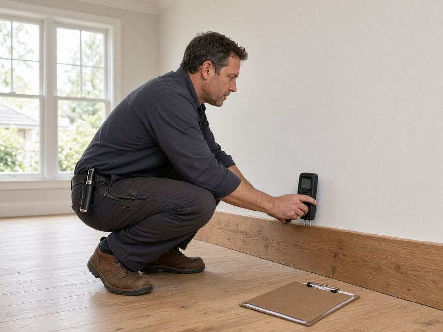 Technician checking a wall with a moisture meter during an inspection