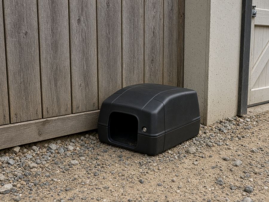 Black lockable rodent bait station against a fence