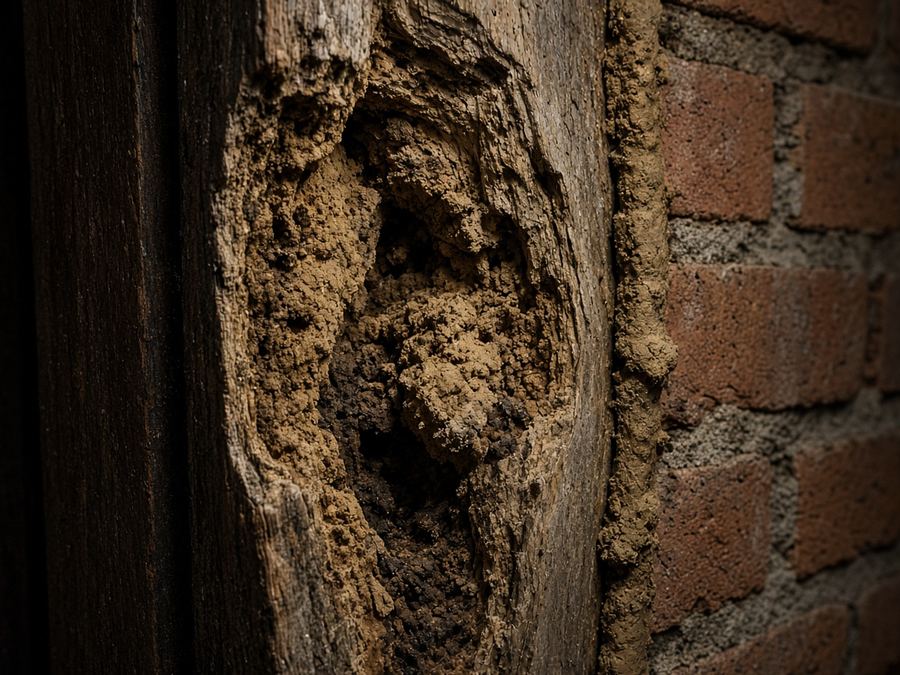 Close-up of termite damage in a timber post next to a brick wall