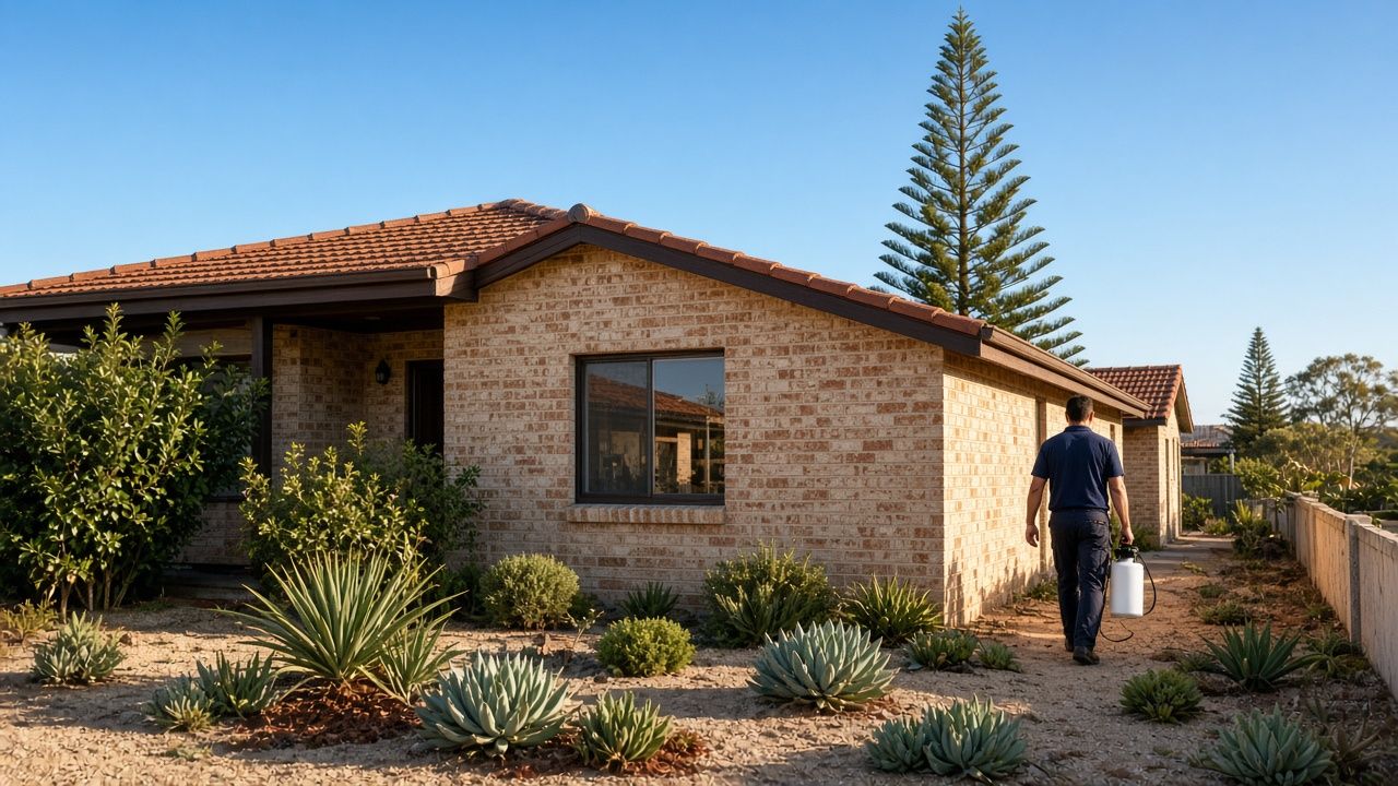 Pest control technician walking towards a brick home with Norfolk pines behind