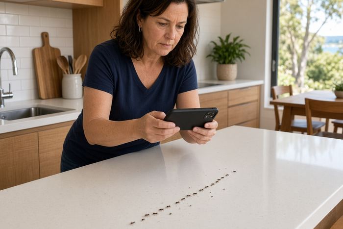 Woman checking her phone next to a line of ants on a kitchen bench