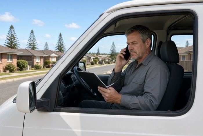Pest control technician on the phone in a white van in a Geraldton street